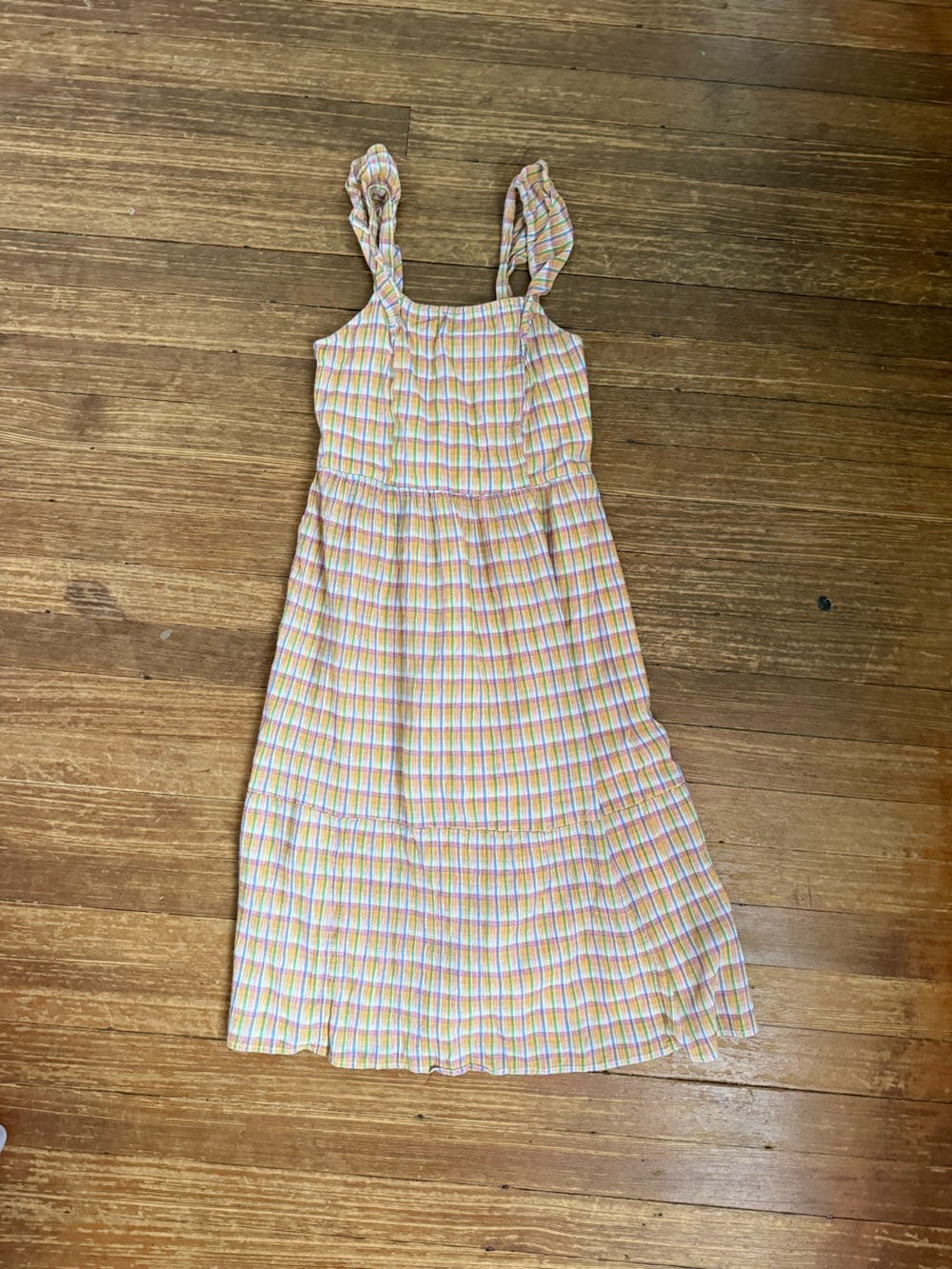 LOFT Petites Textured Smocked Plaid Ruffle Strap Dress with Pastel Trim Size XSP